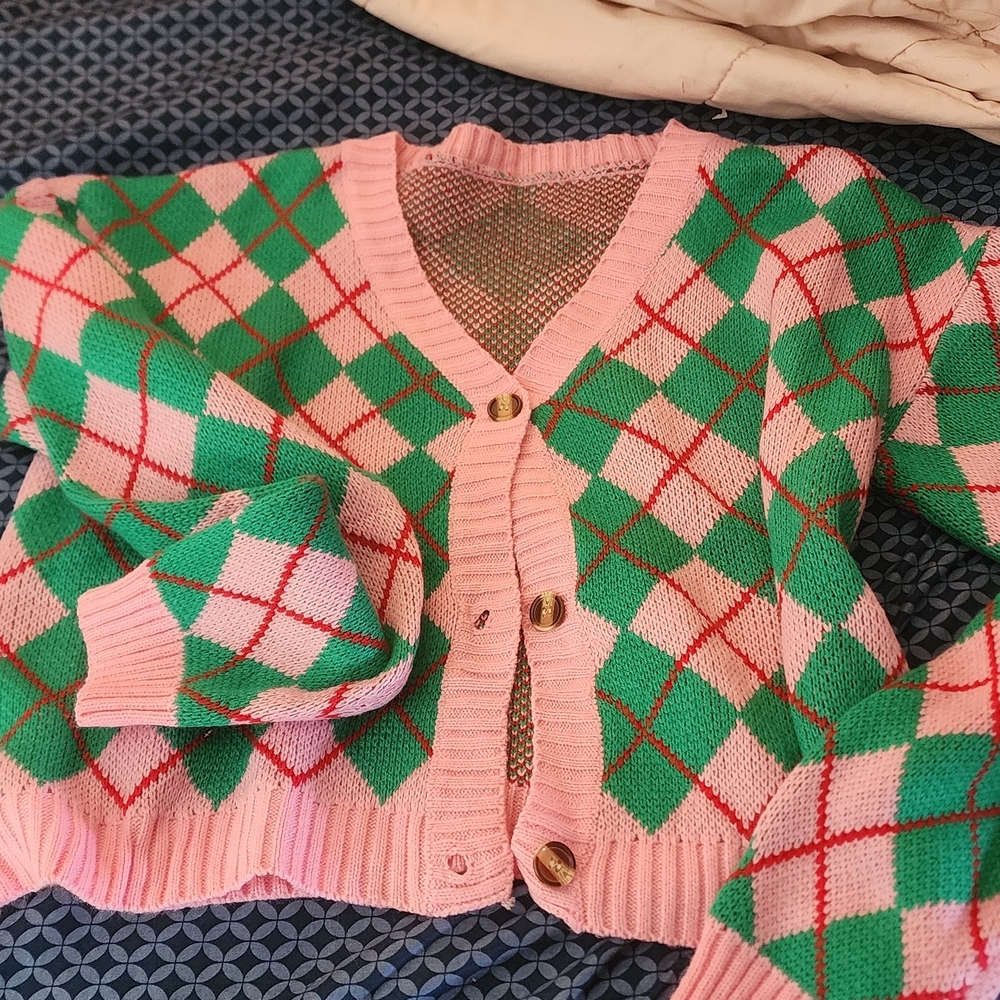 Pink and Green Argyle Women's Cardigan